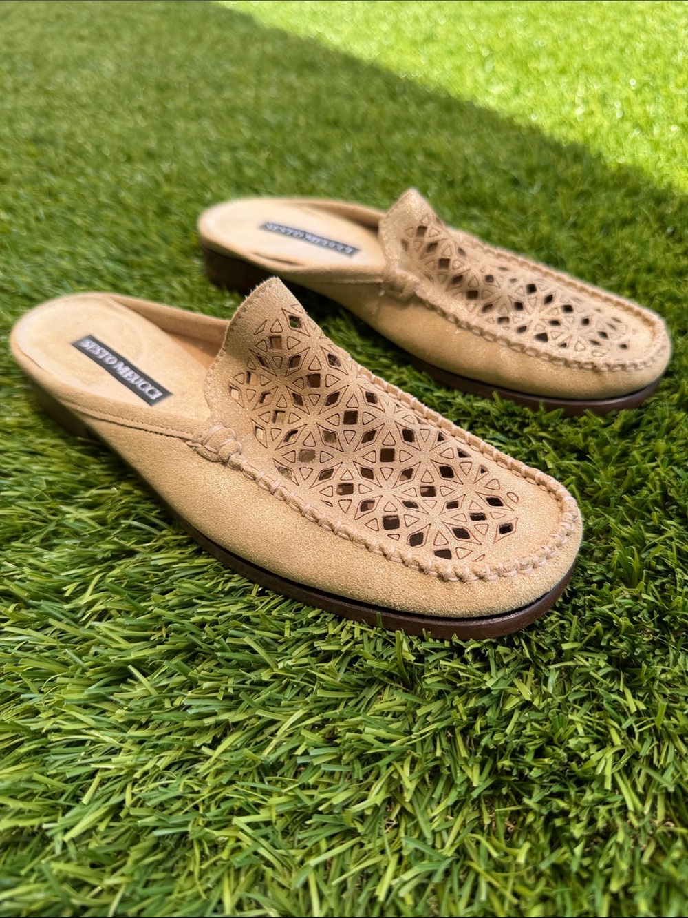 Sesto Meucci Tan Laser-Cut Slip-On Mules